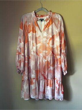 Express Peach & Cream Ruffle-Neck Printed Dress